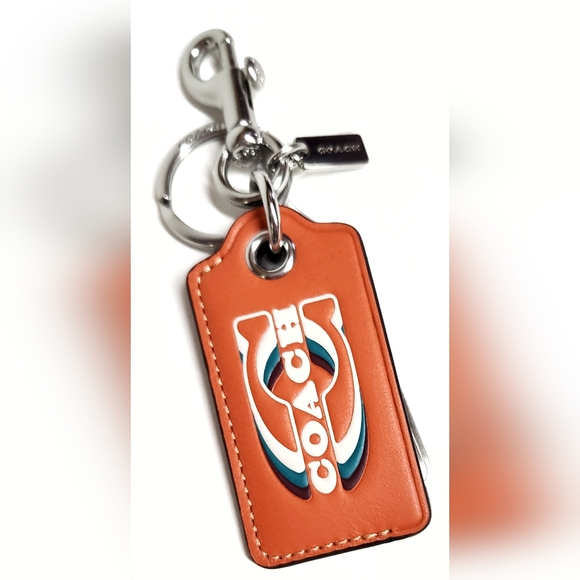 Coach Bottle Opener Key Fob Keychain with Stamp Silver Bright Orange Leather NWT - Picture 2 of 15
